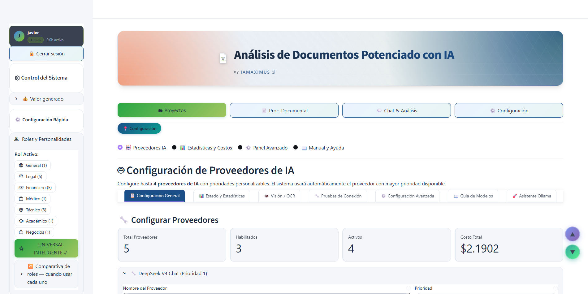 Barra de navegación superior del sistema AI Maximus